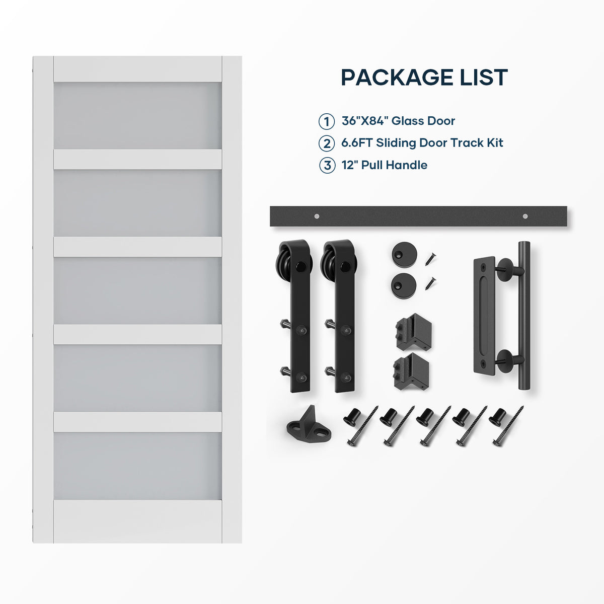 EaseLife Glass Barn Door with Sliding Door Hardware Kit Included & Handle,Solid LVL Wood Covered with Water-Proof & Scratch-Resistant PVC Surface,DIY Assembly,5-Panel Glass,White