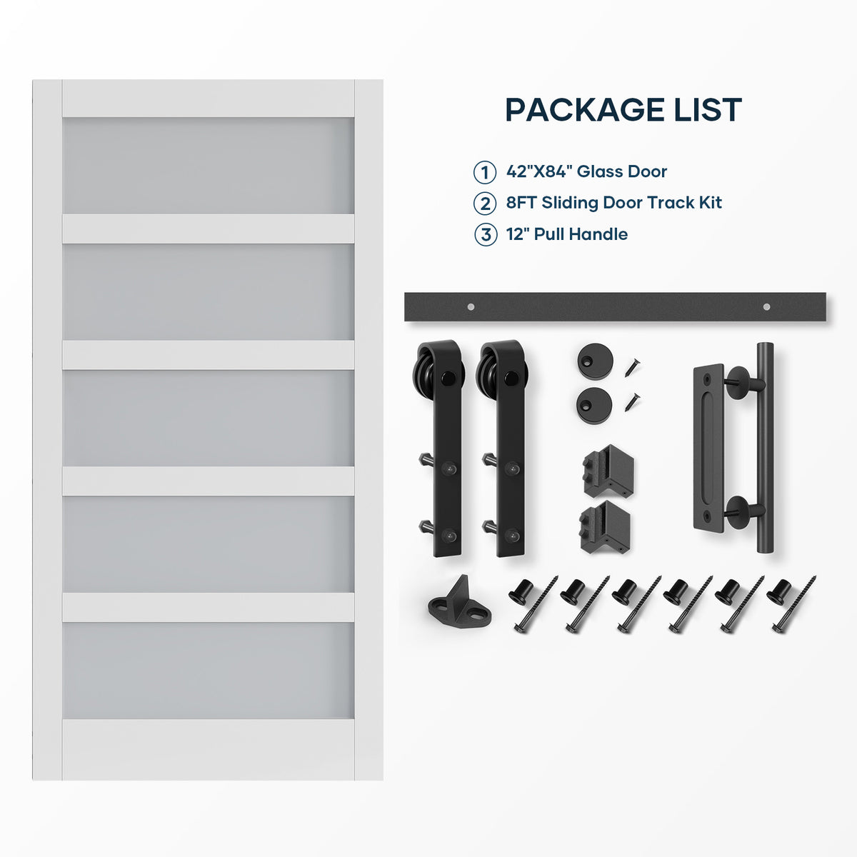 EaseLife Glass Barn Door with Sliding Door Hardware Kit Included & Handle,Solid LVL Wood Covered with Water-Proof & Scratch-Resistant PVC Surface,DIY Assembly,5-Panel Glass,White