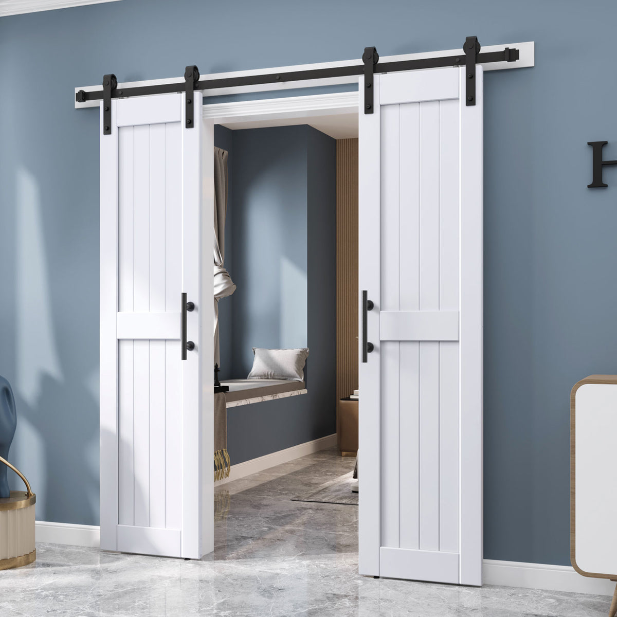 EaseLife Sliding Barn Door with Barn Door Hardware Track Kit Included,Solid LVL Wood Slab Covered with Water-Proof & Scratch-Resistant PVC Surface,DIY Assembly,Easy Install,White, H-Frame