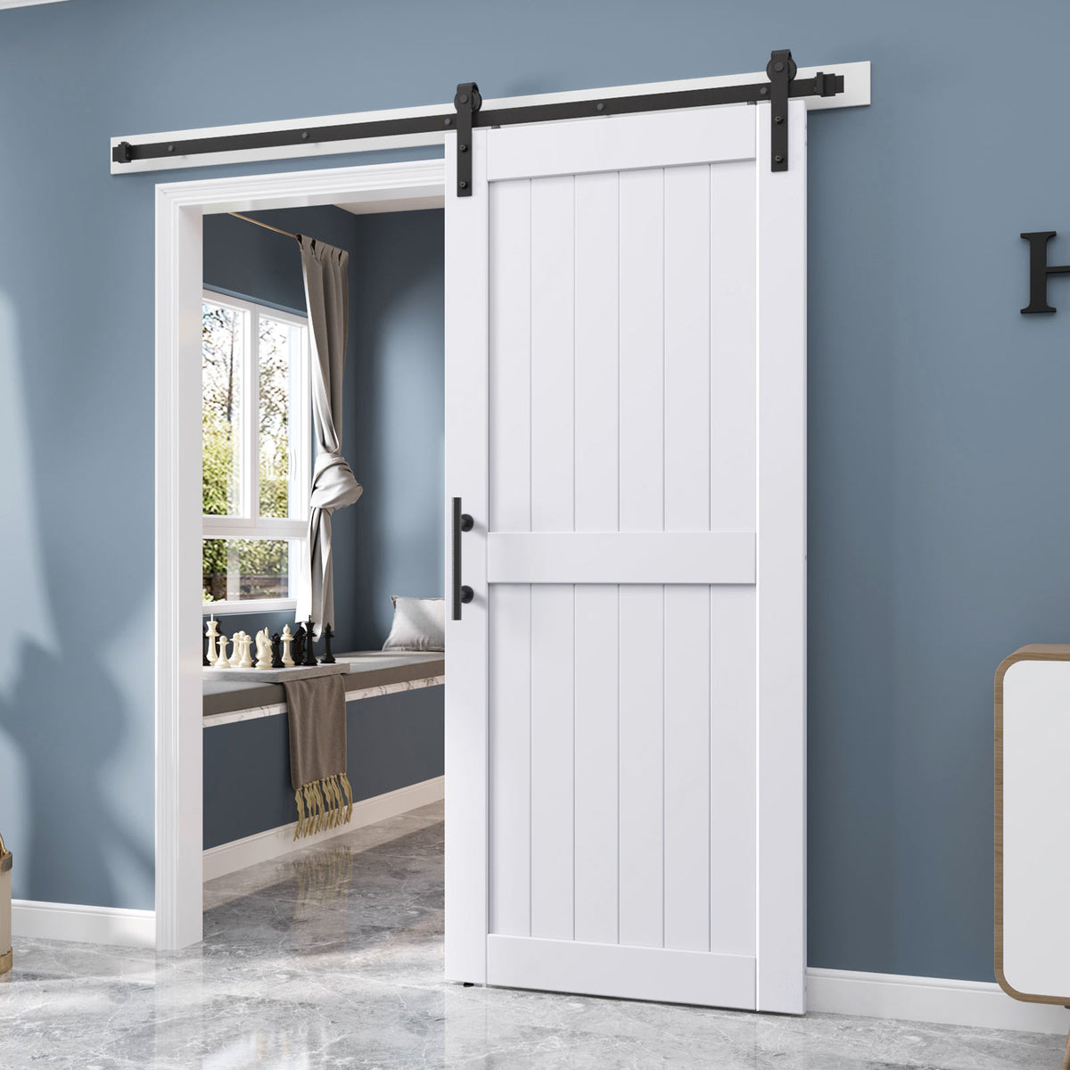 EaseLife Sliding Barn Door with Barn Door Hardware Track Kit Included,Solid LVL Wood Slab Covered with Water-Proof & Scratch-Resistant PVC Surface,DIY Assembly,Easy Install,White, H-Frame