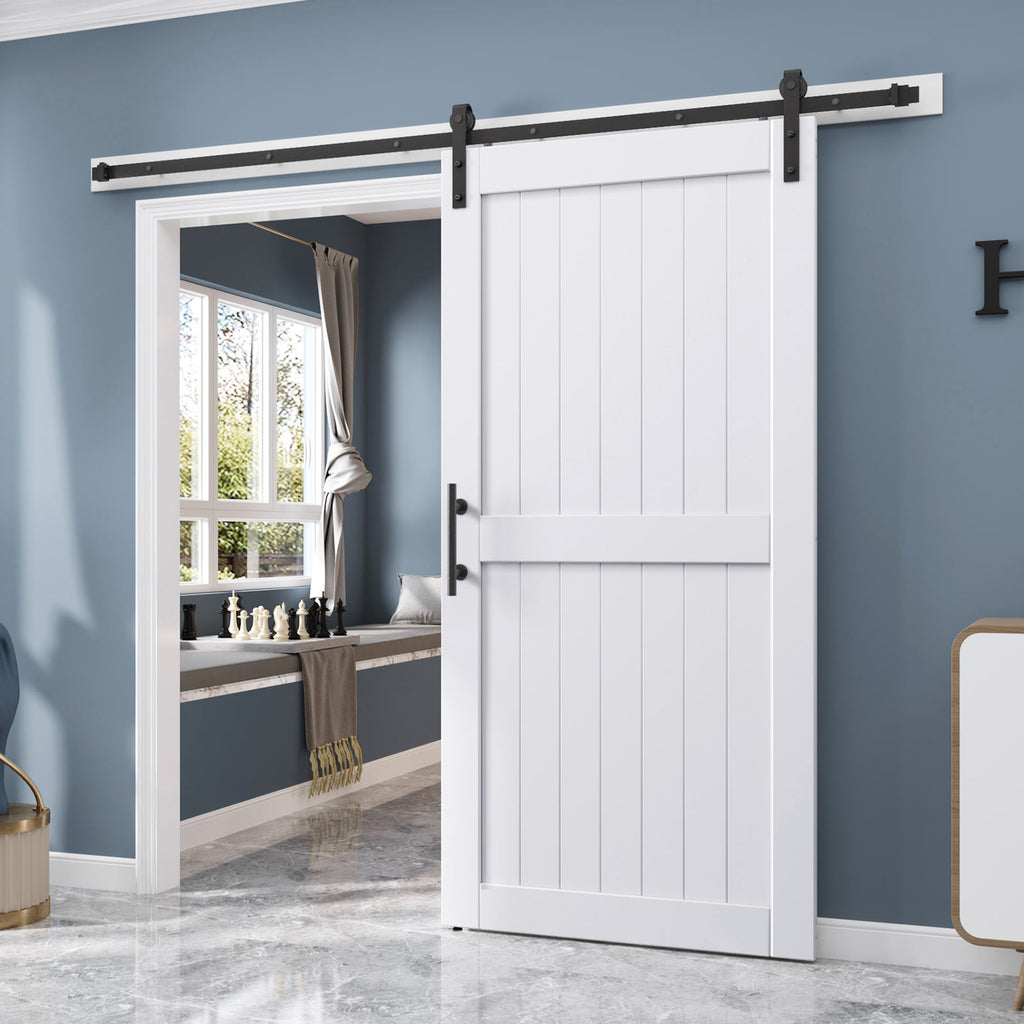 EaseLife Sliding Barn Door with Barn Door Hardware Track Kit Included,Solid LVL Wood Slab Covered with Water-Proof & Scratch-Resistant PVC Surface,DIY Assembly,Easy Install,White, H-Frame