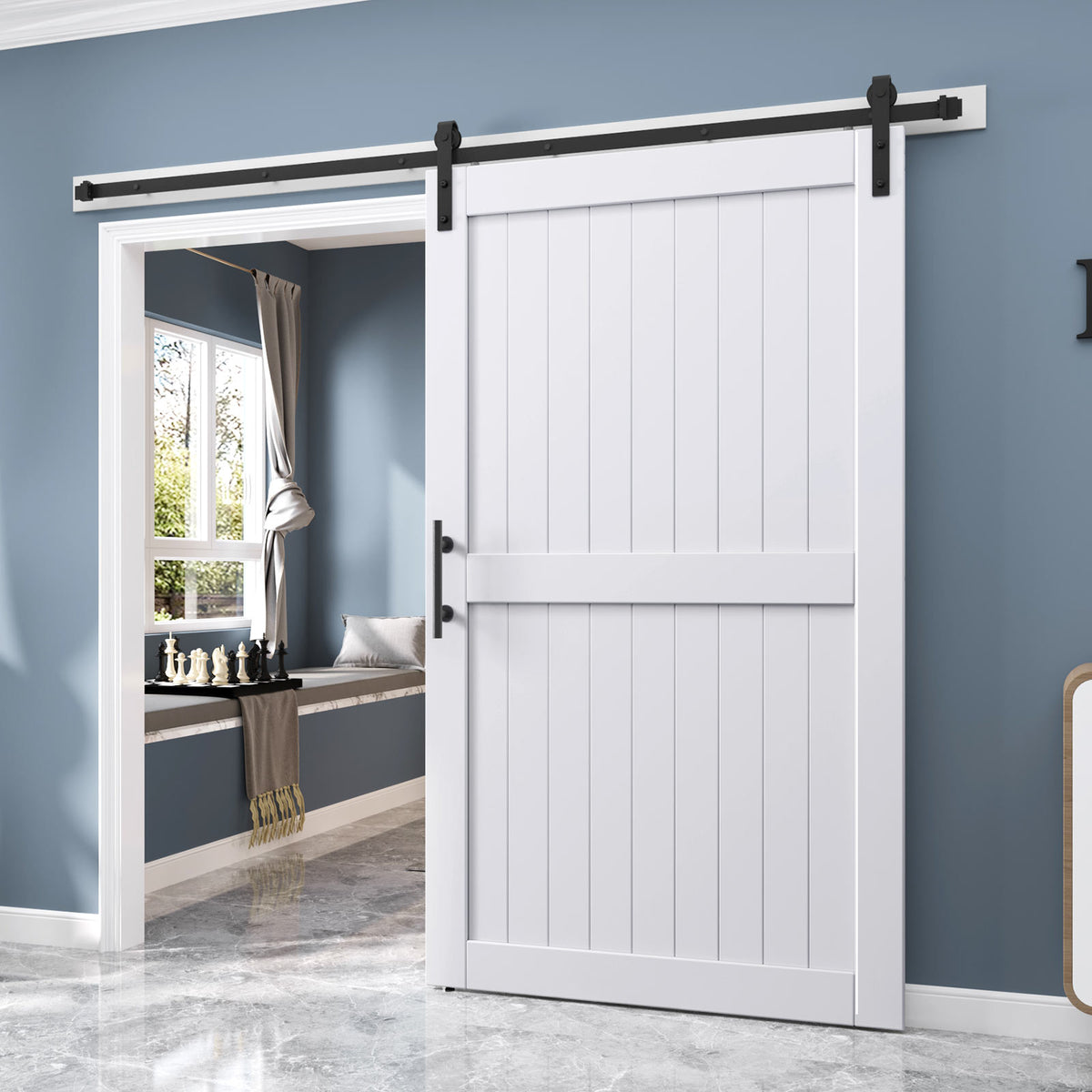 EaseLife Sliding Barn Door with Barn Door Hardware Track Kit Included,Solid LVL Wood Slab Covered with Water-Proof & Scratch-Resistant PVC Surface,DIY Assembly,Easy Install,White, H-Frame