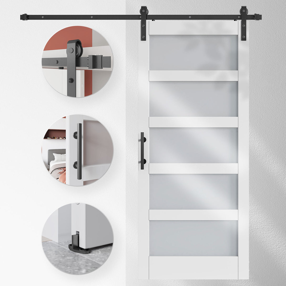 EaseLife Glass Barn Door with Sliding Door Hardware Kit Included & Handle,Solid LVL Wood Covered with Water-Proof & Scratch-Resistant PVC Surface,DIY Assembly,5-Panel Glass,White