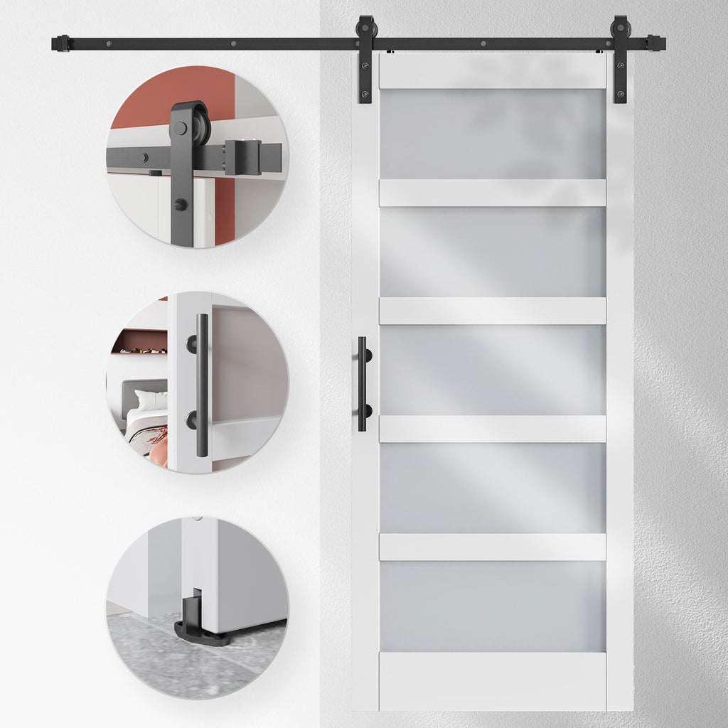 EaseLife Glass Barn Door with Sliding Door Hardware Kit Included & Handle,Solid LVL Wood Covered with Water-Proof & Scratch-Resistant PVC Surface,DIY Assembly,5-Panel Glass,White