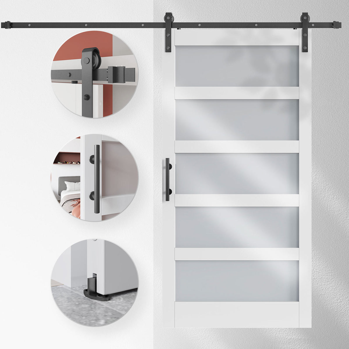 EaseLife Glass Barn Door with Sliding Door Hardware Kit Included & Handle,Solid LVL Wood Covered with Water-Proof & Scratch-Resistant PVC Surface,DIY Assembly,5-Panel Glass,White