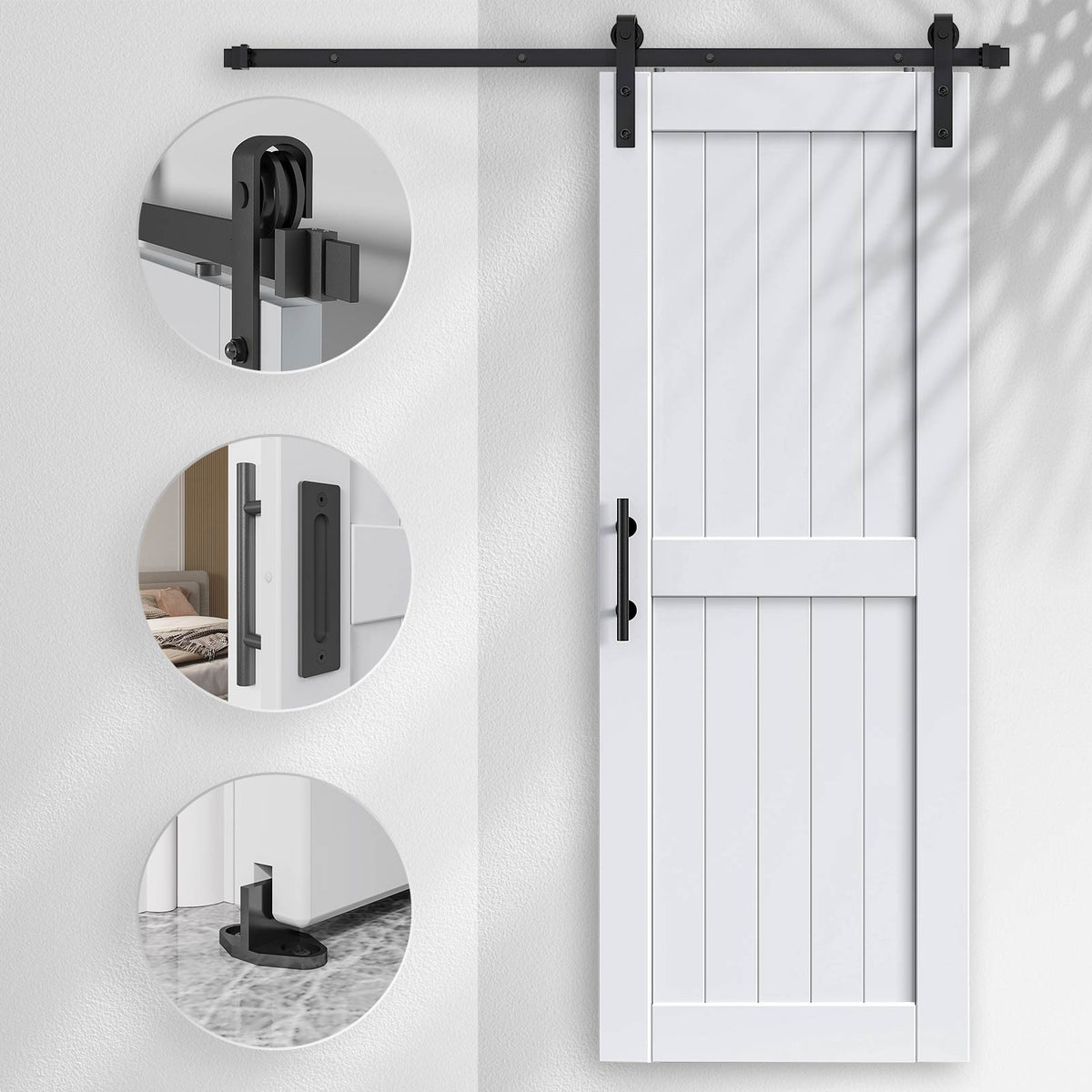EaseLife Sliding Barn Door with Barn Door Hardware Track Kit Included,Solid LVL Wood Slab Covered with Water-Proof & Scratch-Resistant PVC Surface,DIY Assembly,Easy Install,White, H-Frame