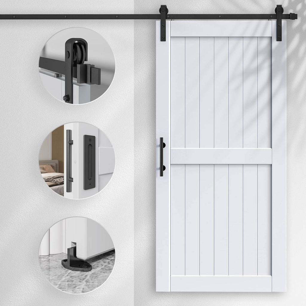 EaseLife Sliding Barn Door with Barn Door Hardware Track Kit Included,Solid LVL Wood Slab Covered with Water-Proof & Scratch-Resistant PVC Surface,DIY Assembly,Easy Install,White, H-Frame