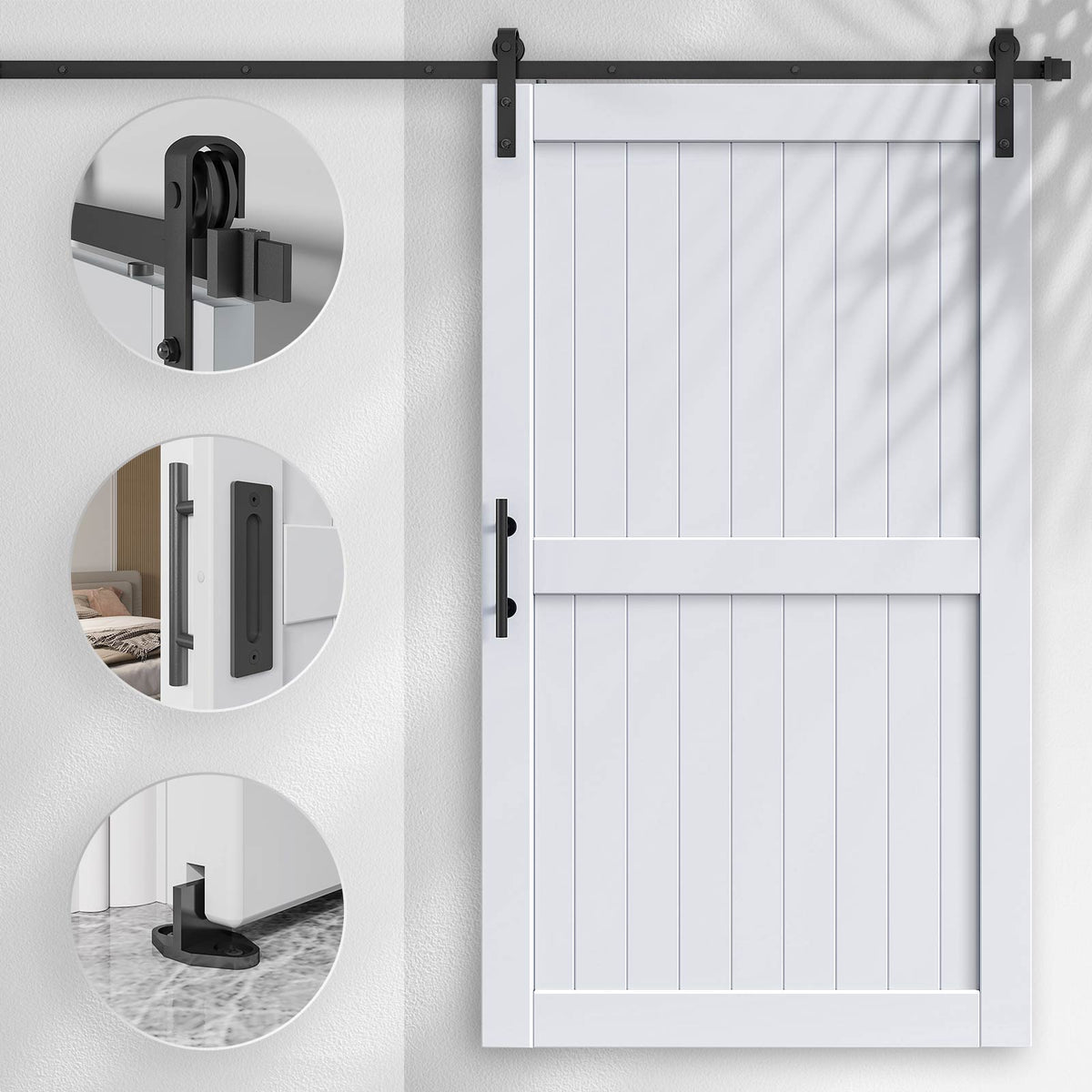 EaseLife Sliding Barn Door with Barn Door Hardware Track Kit Included,Solid LVL Wood Slab Covered with Water-Proof & Scratch-Resistant PVC Surface,DIY Assembly,Easy Install,White, H-Frame