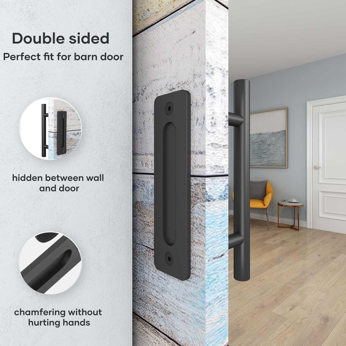EaseLife 12" Sliding Barn Door Pull Handle with Flush Hardware Set,Heavy Duty,Solid,Rustic Style,Black Powder Coated Finish,Easy Install