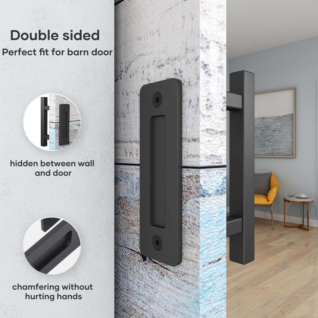 EaseLife 10" Sliding Barn Door Pull Handle with Flush Hardware Set,Heavy Duty,Solid,Rustic Style,Black Powder Coated Finish,Easy Install