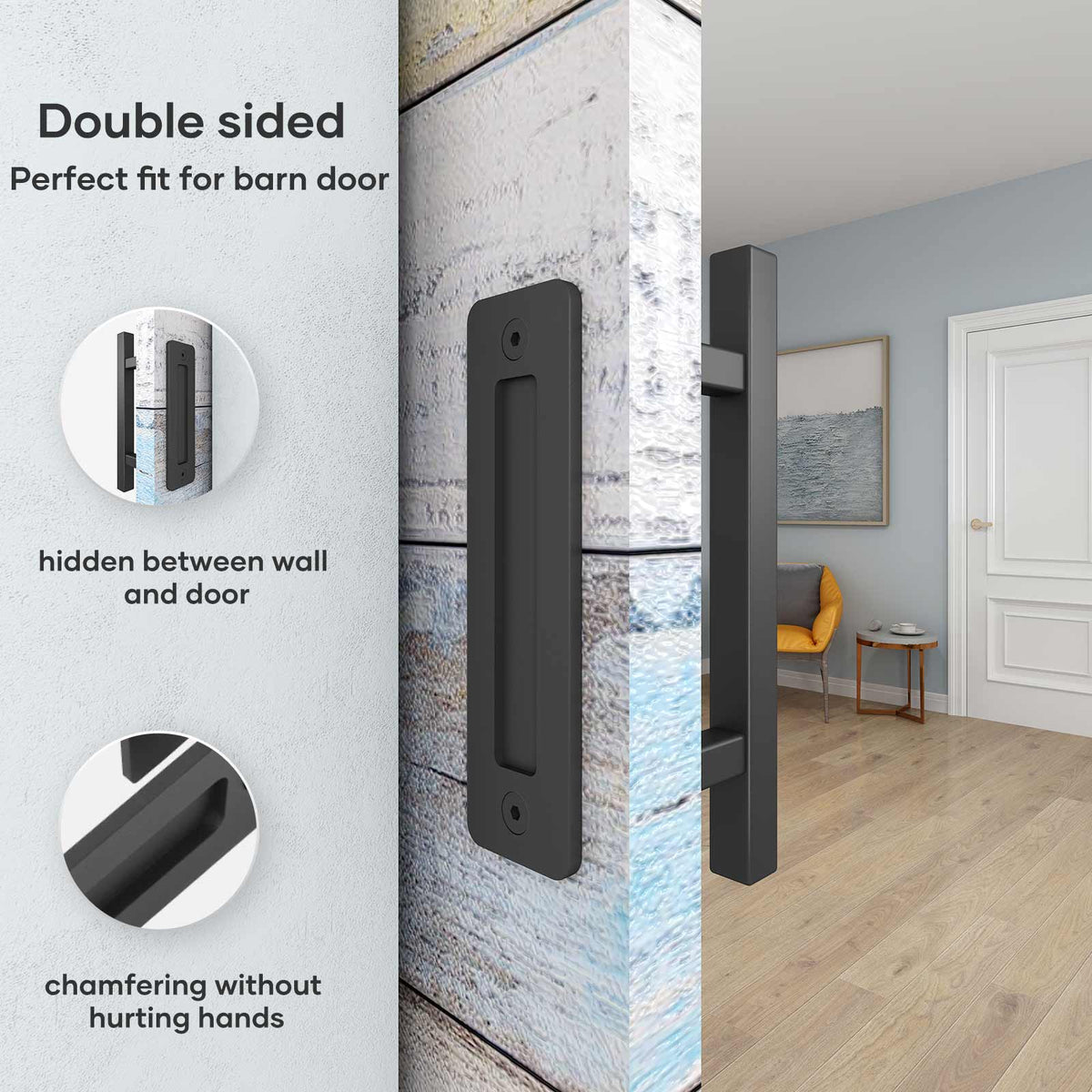 EaseLife 12" Sliding Barn Door Pull Handle with Flush Hardware Set,Heavy Duty,Solid,Rustic Style,Black Powder Coated Finish,Easy Install