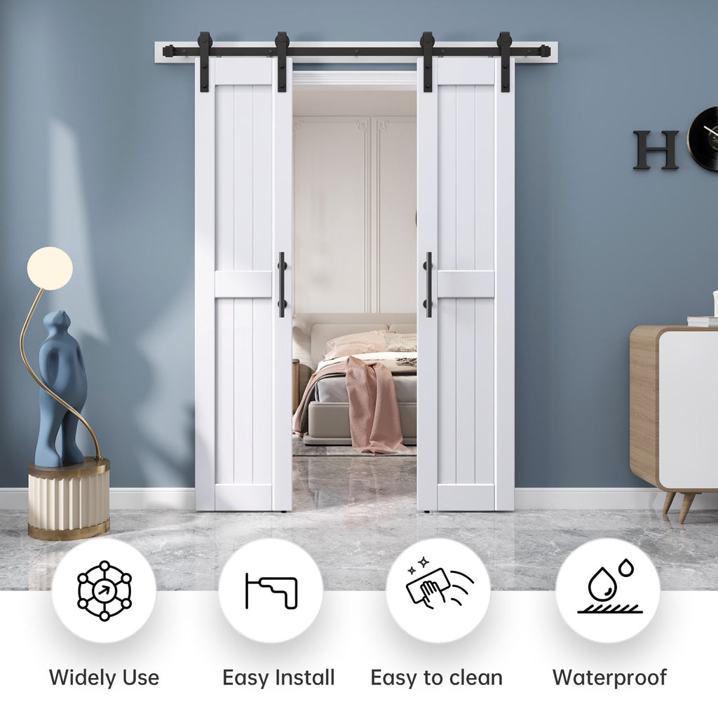 EaseLife Sliding Barn Door with Barn Door Hardware Track Kit Included,Solid LVL Wood Slab Covered with Water-Proof & Scratch-Resistant PVC Surface,DIY Assembly,Easy Install,White, H-Frame