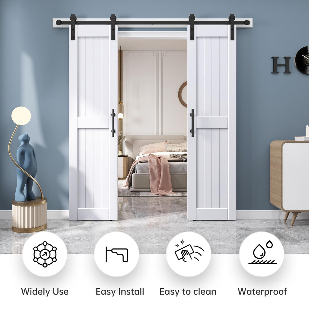 EaseLife Sliding Barn Door with Barn Door Hardware Track Kit Included,Solid LVL Wood Slab Covered with Water-Proof & Scratch-Resistant PVC Surface,DIY Assembly,Easy Install,White, H-Frame