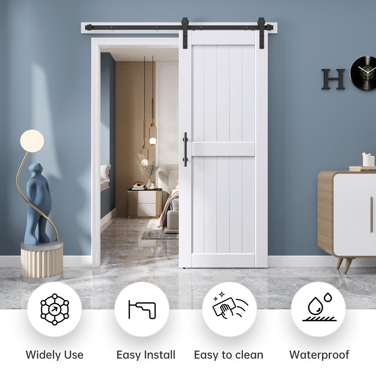 EaseLife Sliding Barn Door with Barn Door Hardware Track Kit Included,Solid LVL Wood Slab Covered with Water-Proof & Scratch-Resistant PVC Surface,DIY Assembly,Easy Install,White, H-Frame