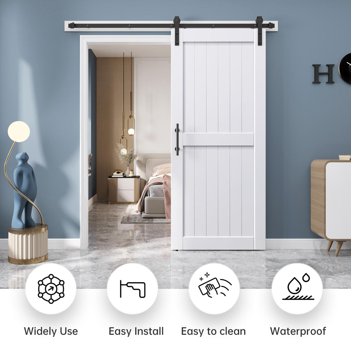 EaseLife Sliding Barn Door with Barn Door Hardware Track Kit Included,Solid LVL Wood Slab Covered with Water-Proof & Scratch-Resistant PVC Surface,DIY Assembly,Easy Install,White, H-Frame