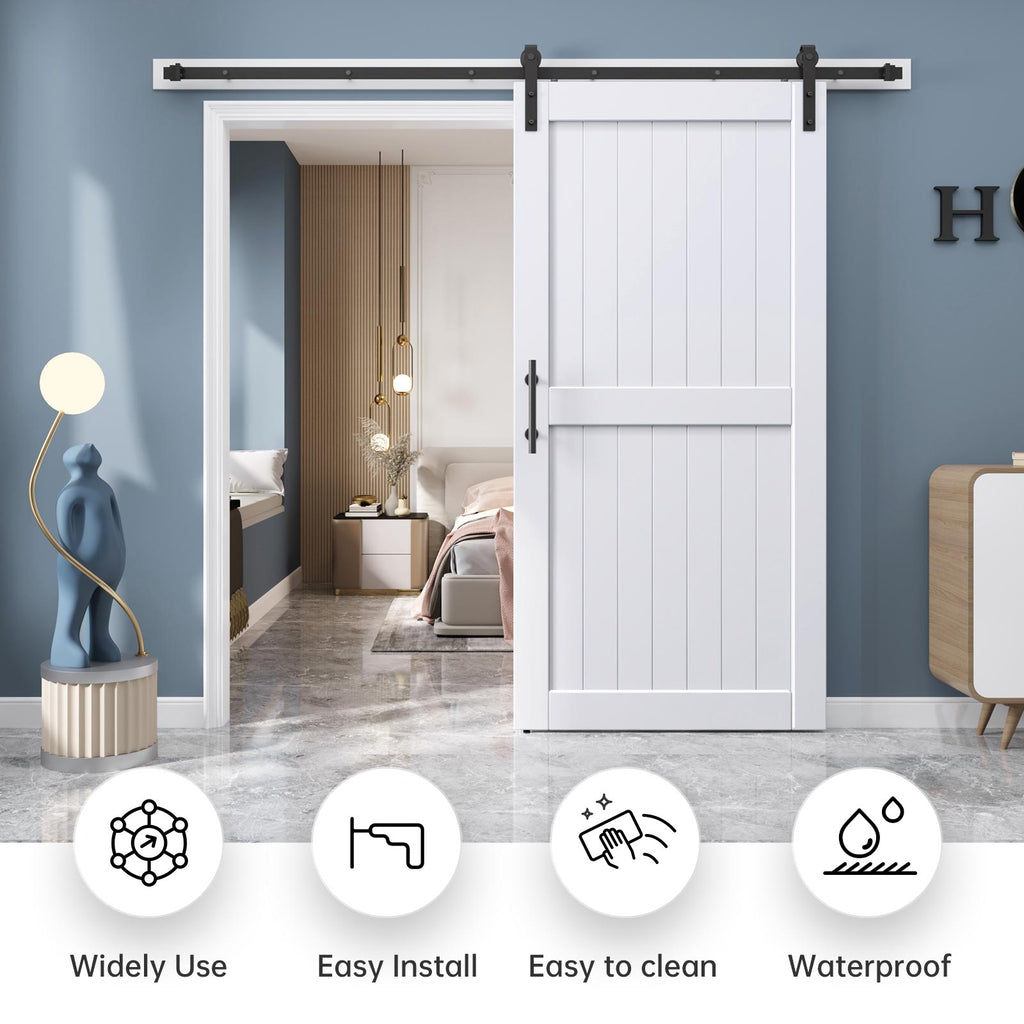 EaseLife Sliding Barn Door with Barn Door Hardware Track Kit Included,Solid LVL Wood Slab Covered with Water-Proof & Scratch-Resistant PVC Surface,DIY Assembly,Easy Install,White, H-Frame