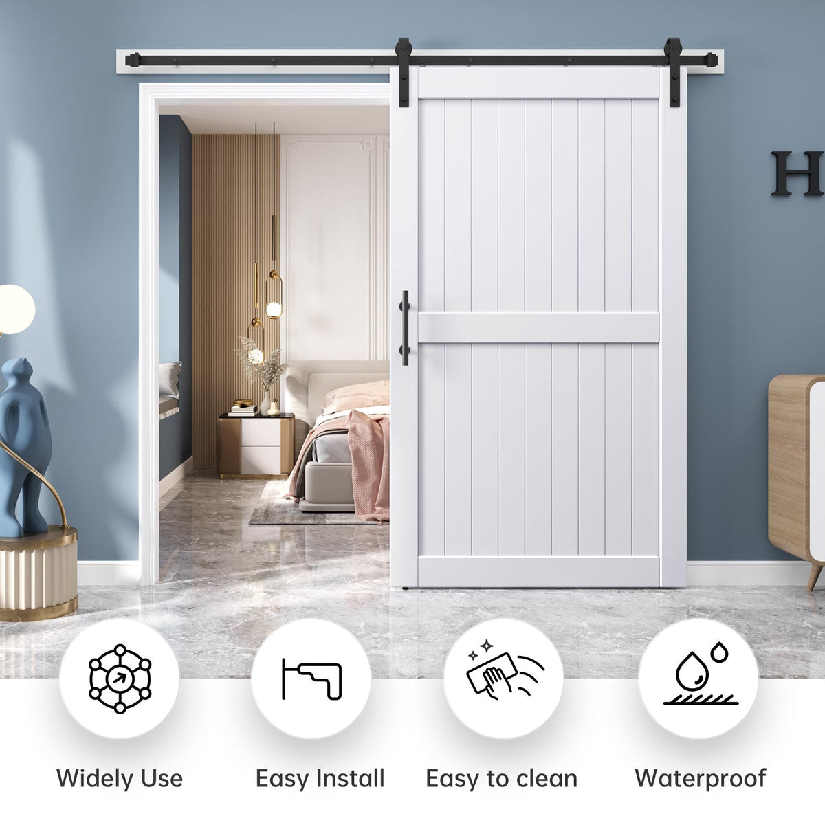 EaseLife Sliding Barn Door with Barn Door Hardware Track Kit Included,Solid LVL Wood Slab Covered with Water-Proof & Scratch-Resistant PVC Surface,DIY Assembly,Easy Install,White, H-Frame