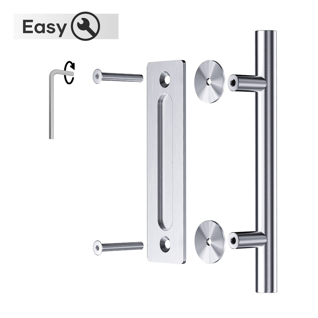 EaseLife 12" Sliding Barn Door Pull Handle with Flush Hardware Set,Stainless Steel,Heavy Duty,Brushed Finish,Anti-Rust Anti-Corrosion,Easy Install