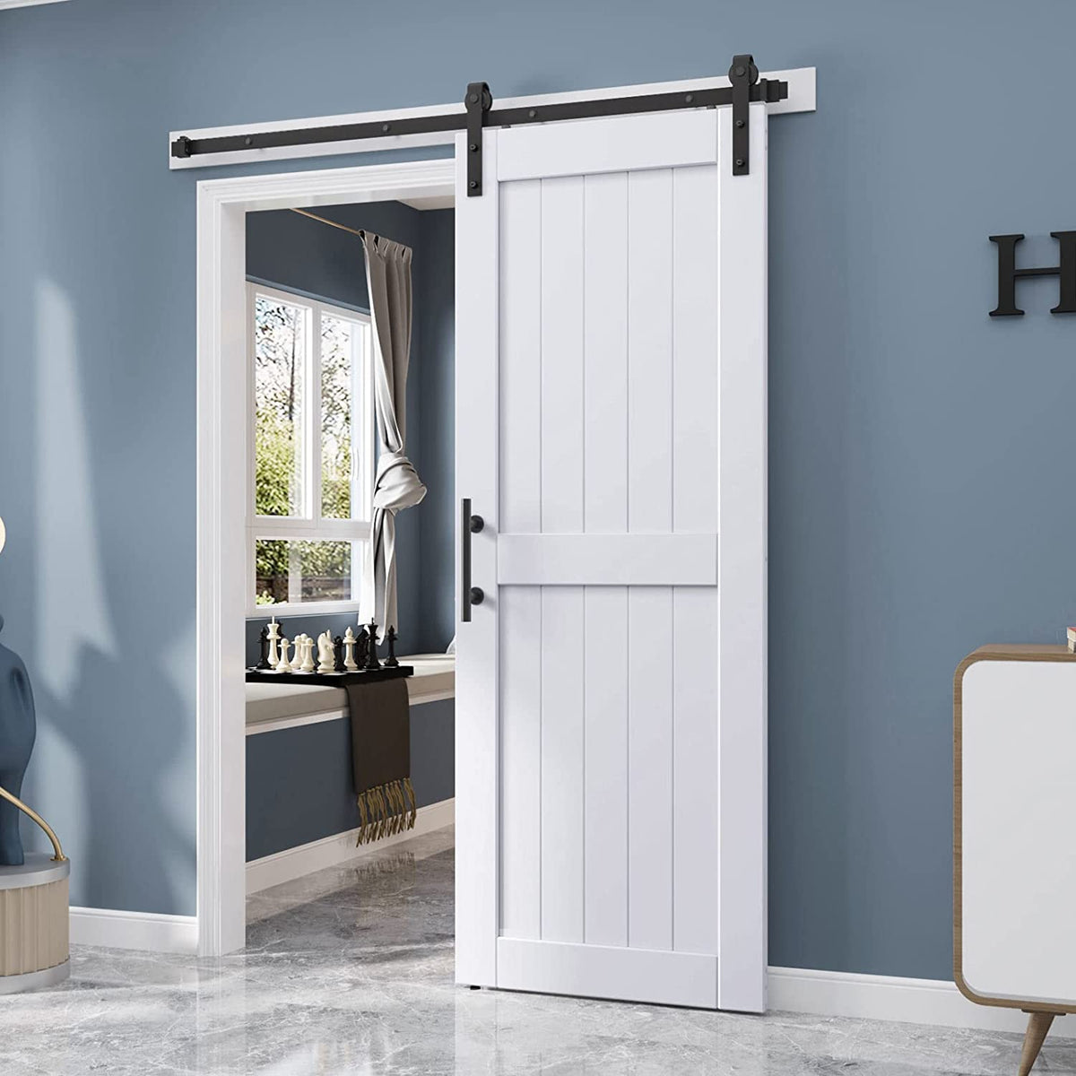 EaseLife Sliding Barn Door with Barn Door Hardware Track Kit Included,Solid LVL Wood Slab Covered with Water-Proof & Scratch-Resistant PVC Surface,DIY Assembly,Easy Install,White, H-Frame