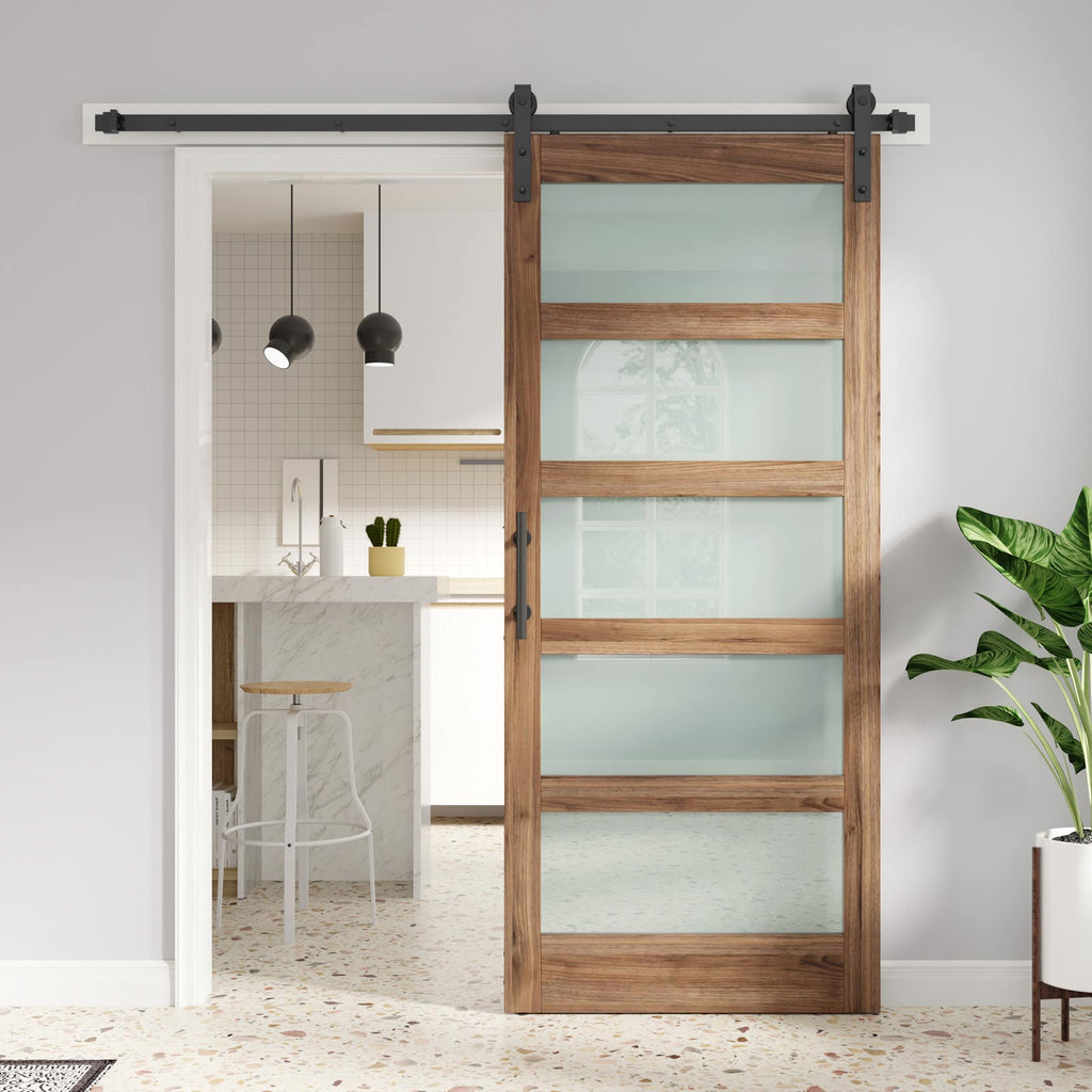Glass Barn Door with Sliding Barn Door Hardware Kit Included,DIY Assembly,Dark Brown