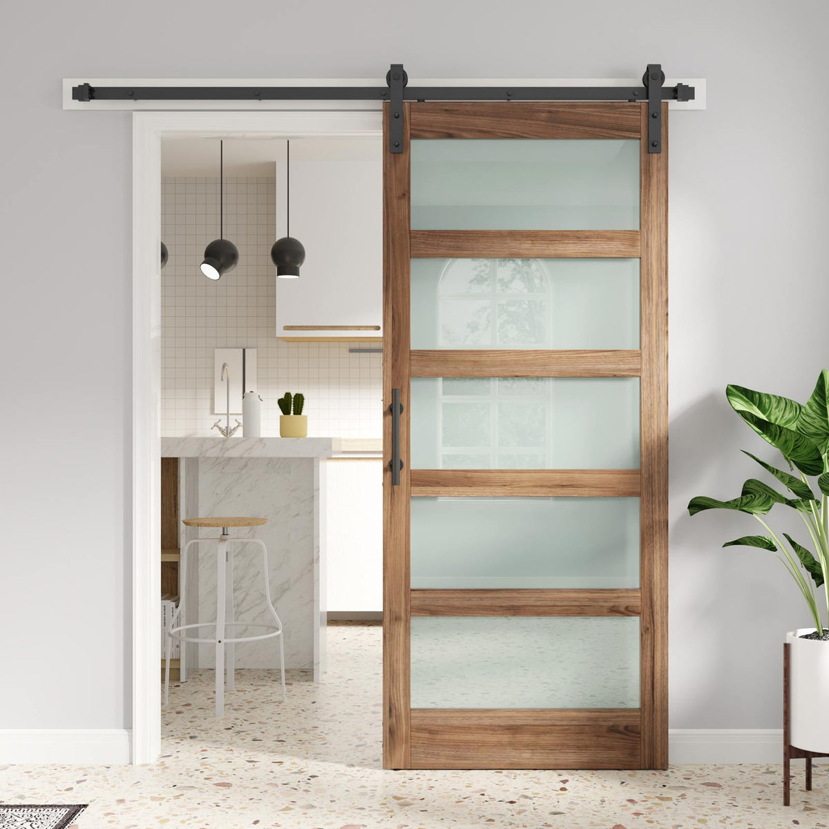 Glass Barn Door with Sliding Barn Door Hardware Kit Included,DIY Assembly,Dark Brown