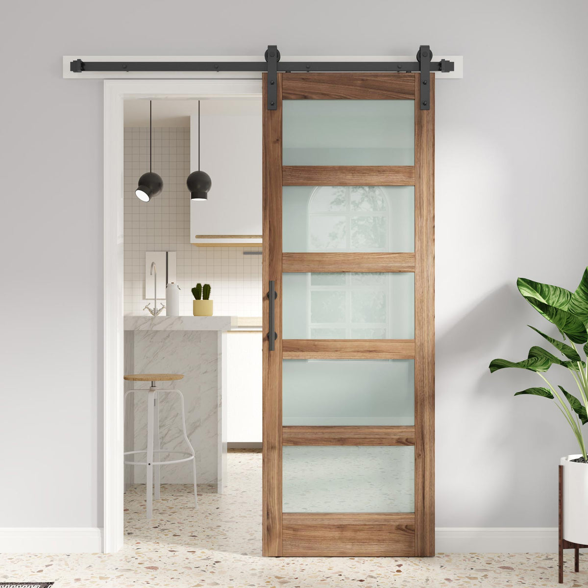Glass Barn Door with Sliding Barn Door Hardware Kit Included,DIY Assembly,Dark Brown