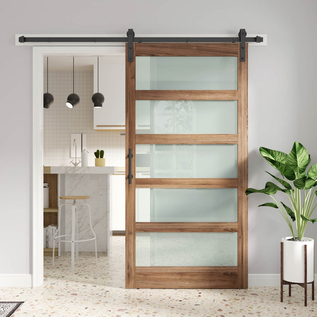 Glass Barn Door with Sliding Barn Door Hardware Kit Included,DIY Assembly,Dark Brown