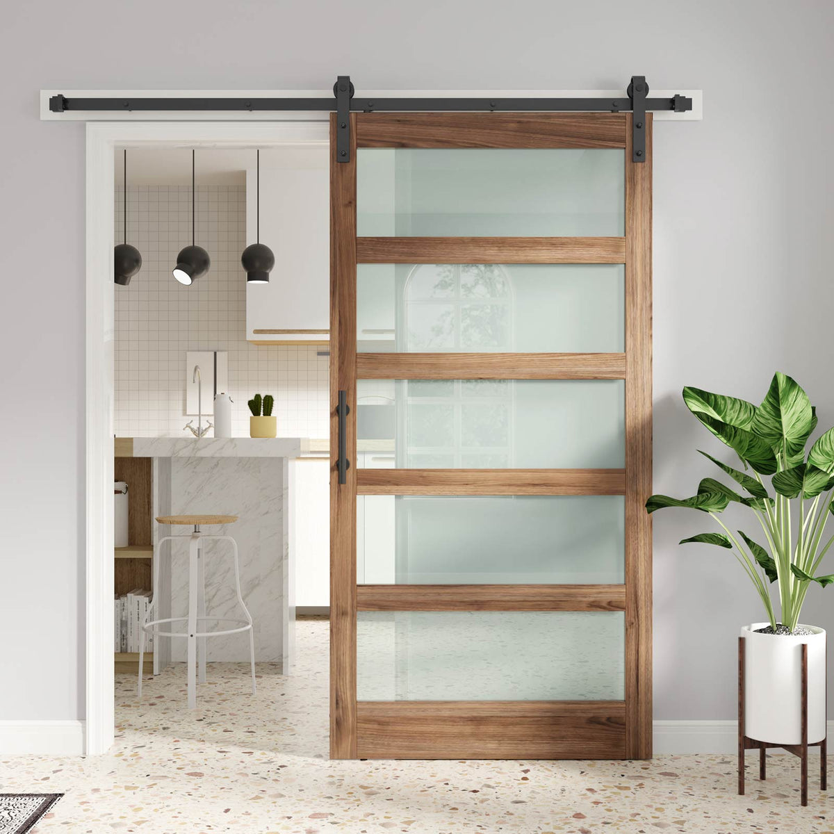 Glass Barn Door with Sliding Barn Door Hardware Kit Included,DIY Assembly,Dark Brown