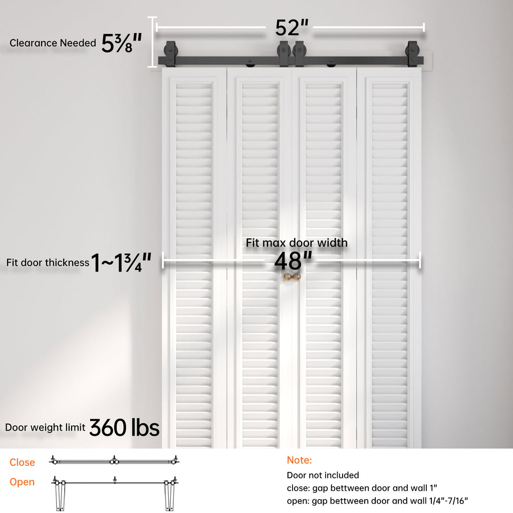 Bi-fold Sliding Barn Door Hardware,Top Mount Installation,Heavy Duty Roller,Smoothly and Quietly,Black(Door Not Included)