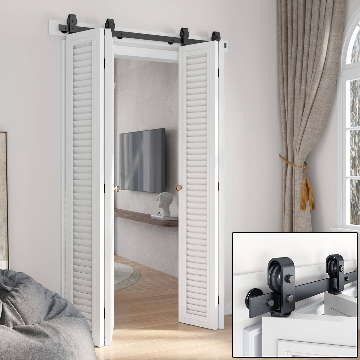 Bi-fold Sliding Barn Door Hardware,Top Mount Installation,Heavy Duty Roller,Smoothly and Quietly,Black(Door Not Included)