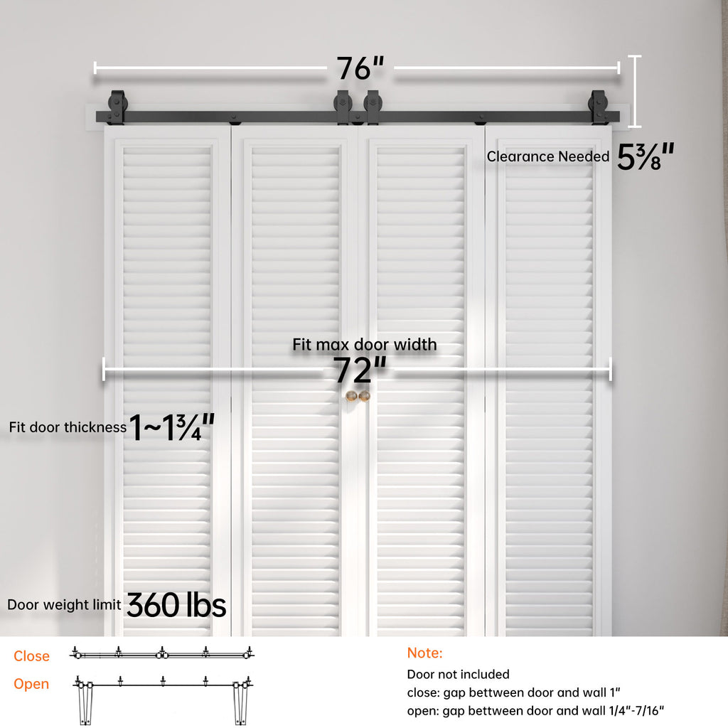 Bi-fold Sliding Barn Door Hardware,Top Mount Installation,Heavy Duty Roller,Smoothly and Quietly,Black(Door Not Included)