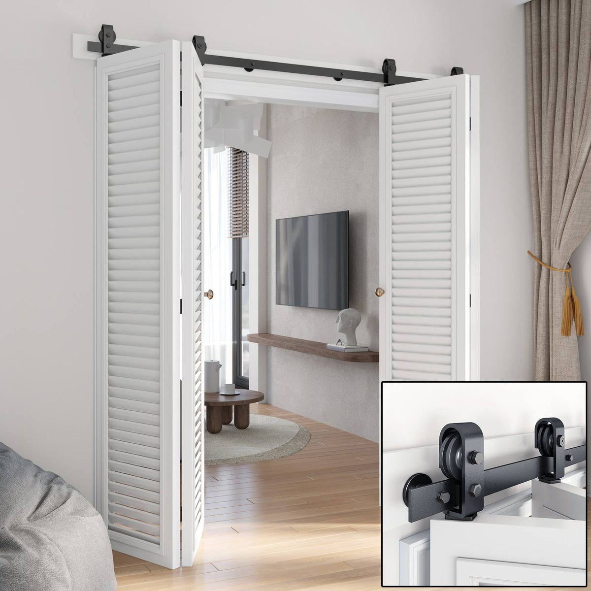 Bi-fold Sliding Barn Door Hardware,Top Mount Installation,Heavy Duty Roller,Smoothly and Quietly,Black(Door Not Included)
