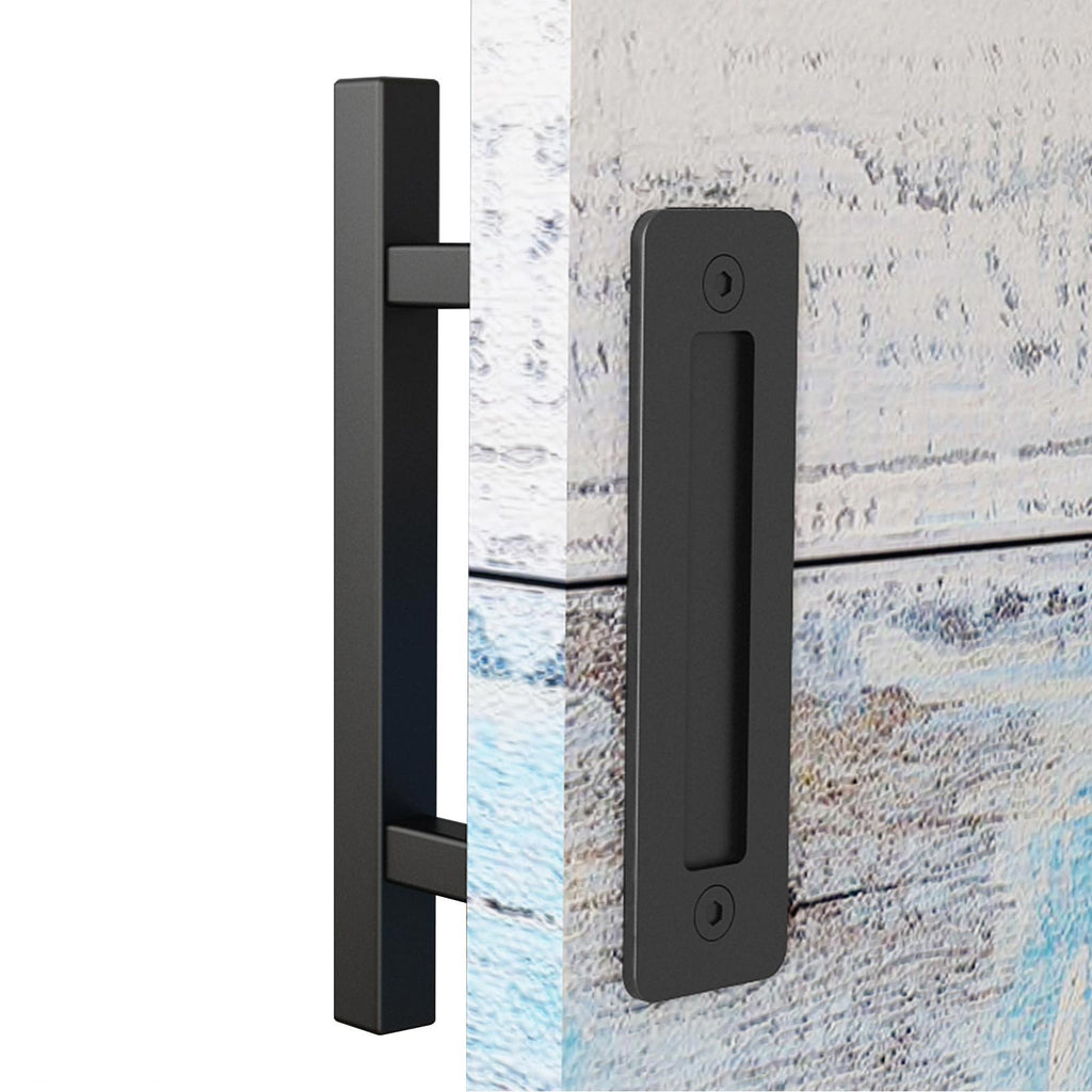 EaseLife 12" Sliding Barn Door Pull Handle with Flush Hardware Set,Heavy Duty,Solid,Rustic Style,Black Powder Coated Finish,Easy Install
