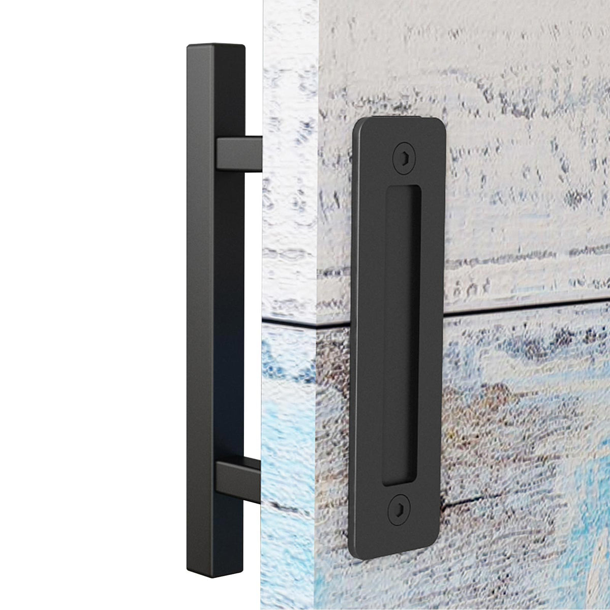 EaseLife 12" Sliding Barn Door Pull Handle with Flush Hardware Set,Heavy Duty,Solid,Rustic Style,Black Powder Coated Finish,Easy Install