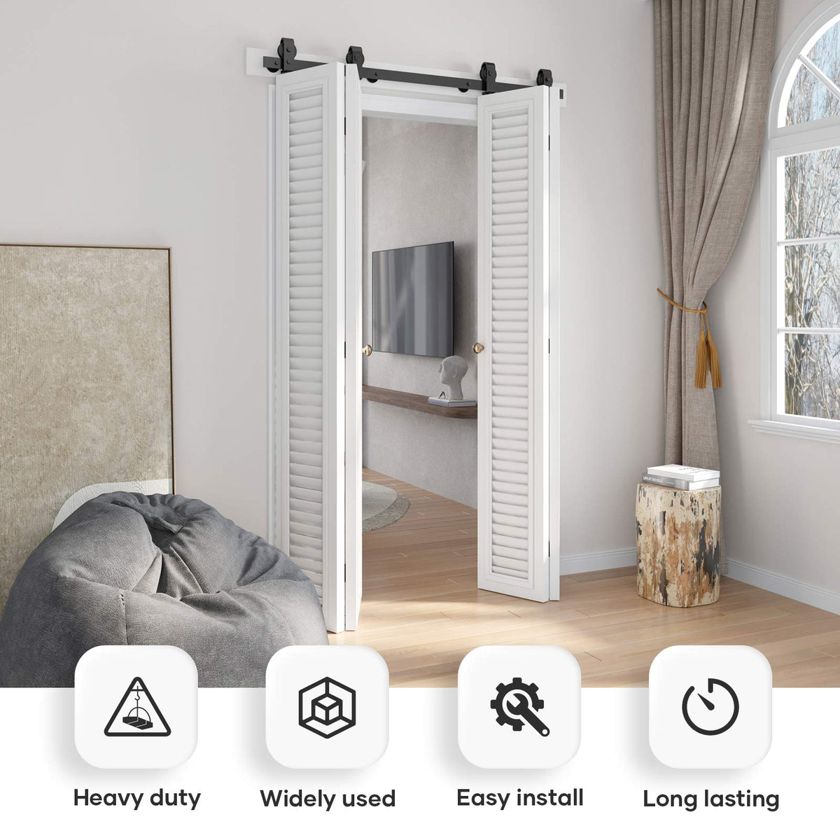 Bi-fold Sliding Barn Door Hardware,Top Mount Installation,Heavy Duty Roller,Smoothly and Quietly,Black(Door Not Included)