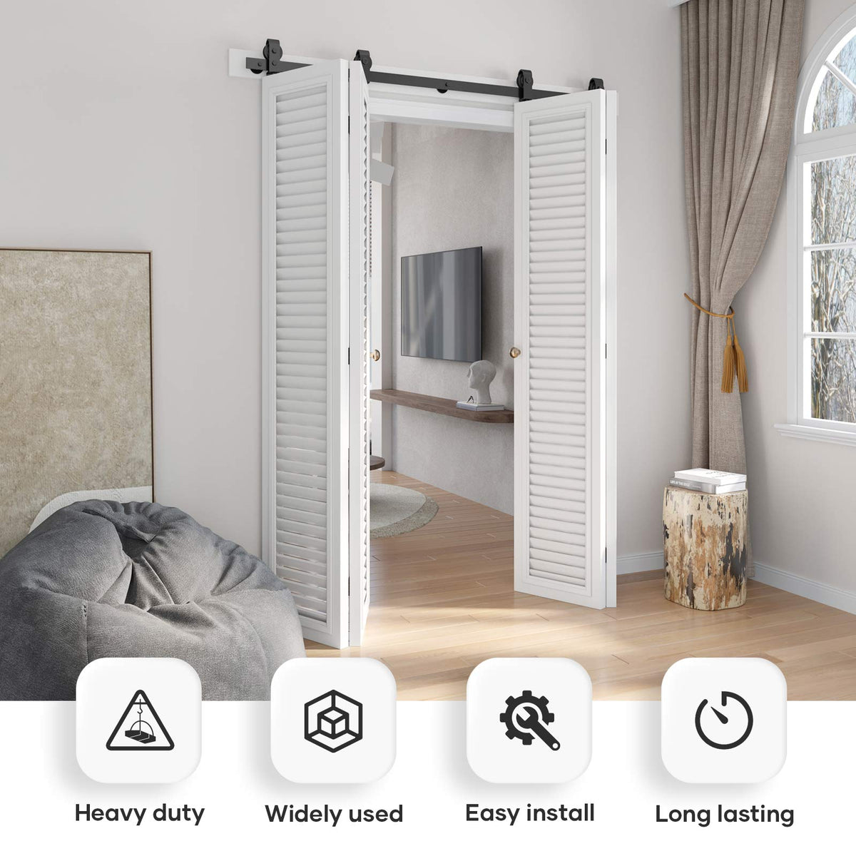 Bi-fold Sliding Barn Door Hardware,Top Mount Installation,Heavy Duty Roller,Smoothly and Quietly,Black(Door Not Included)