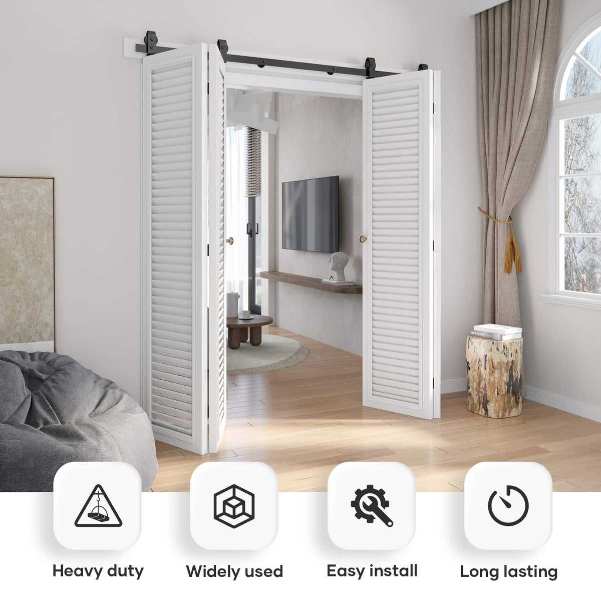 Bi-fold Sliding Barn Door Hardware,Top Mount Installation,Heavy Duty Roller,Smoothly and Quietly,Black(Door Not Included)