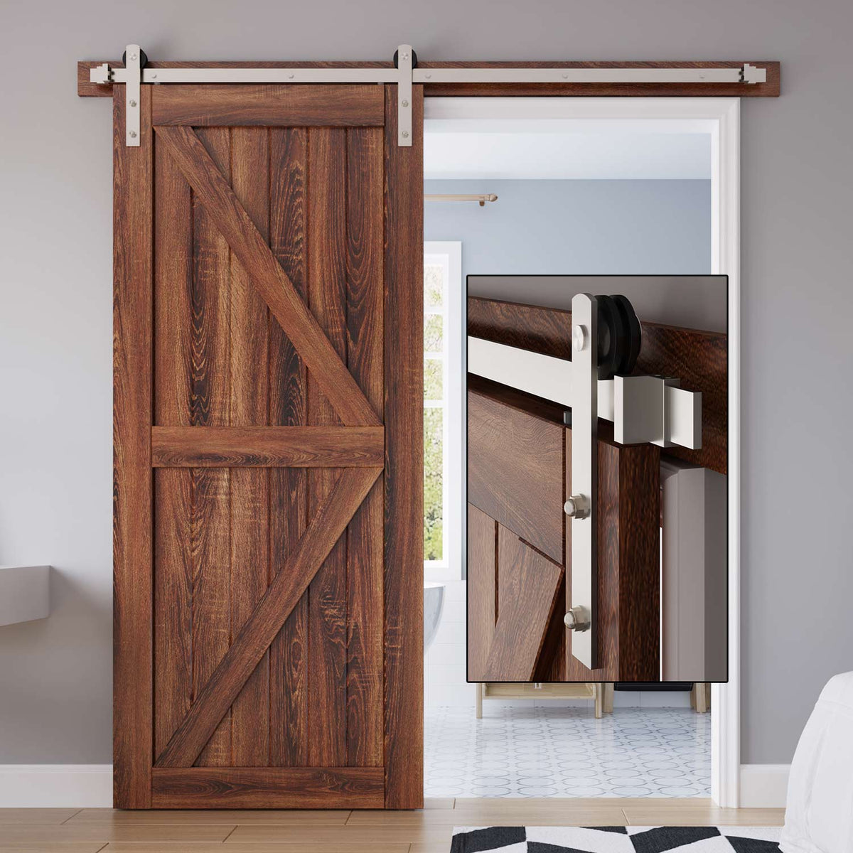 EaseLife Brushed Nickel Double Sliding Barn Door Hardware Track Kit,Straight Pulley,Heavy Duty,Slide Smoothly Quietly,Easy Install