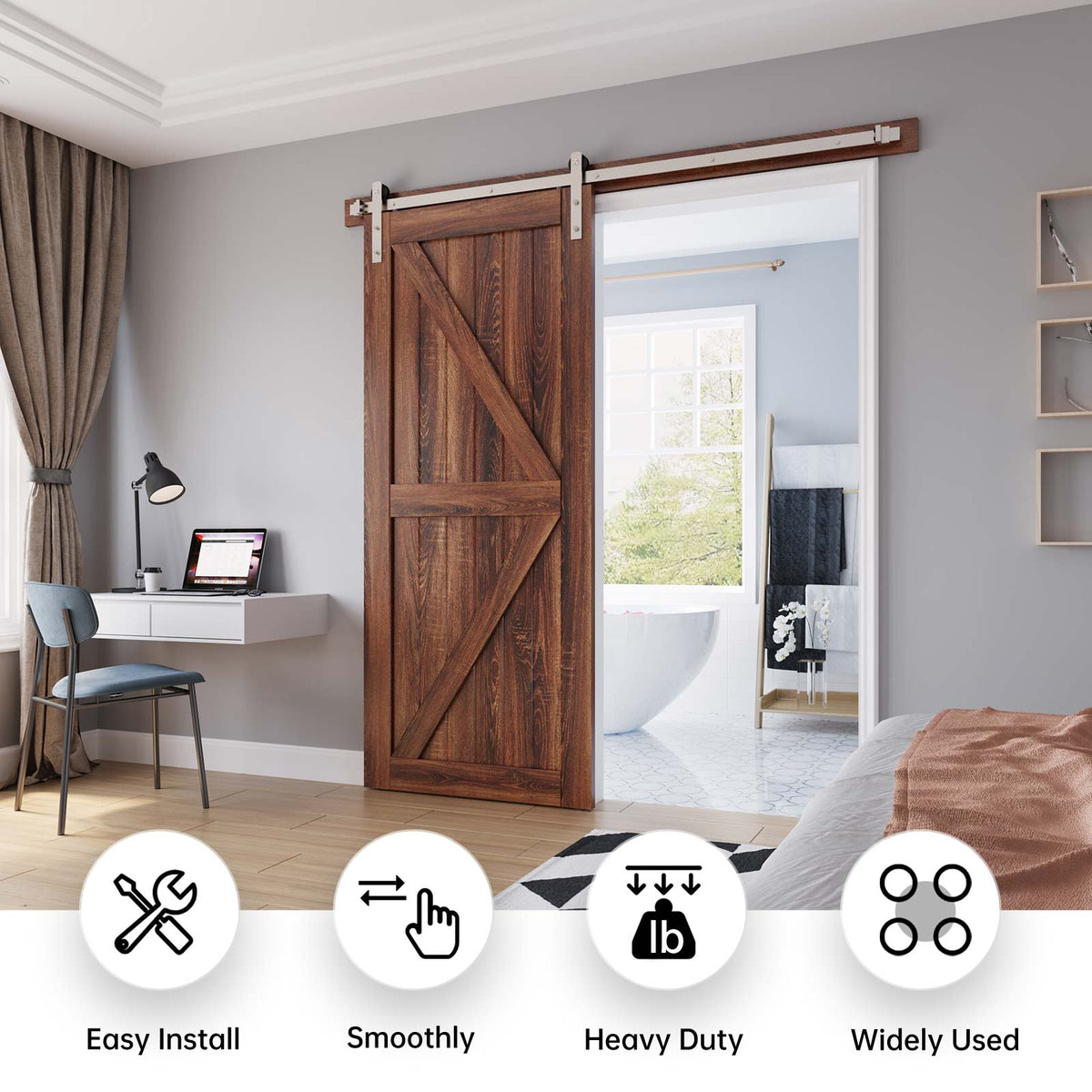 EaseLife Brushed Nickel Double Sliding Barn Door Hardware Track Kit,Straight Pulley,Heavy Duty,Slide Smoothly Quietly,Easy Install