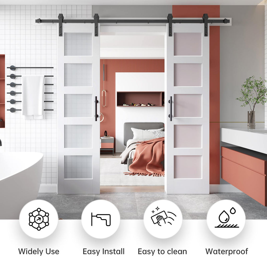 EaseLife Glass Barn Door with Sliding Door Hardware Kit Included & Handle,Solid LVL Wood Covered with Water-Proof & Scratch-Resistant PVC Surface,DIY Assembly,5-Panel Glass,White