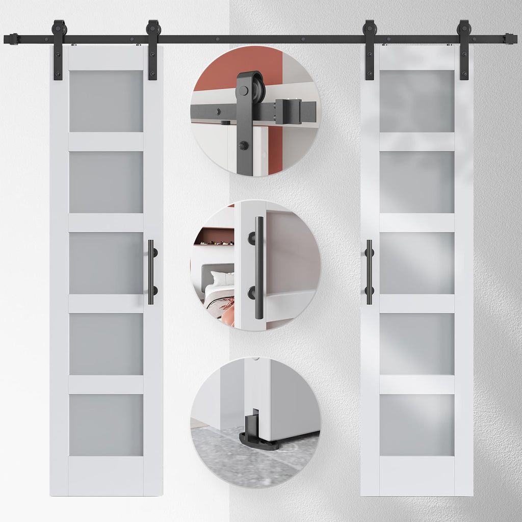 EaseLife Glass Barn Door with Sliding Door Hardware Kit Included & Handle,Solid LVL Wood Covered with Water-Proof & Scratch-Resistant PVC Surface,DIY Assembly,5-Panel Glass,White