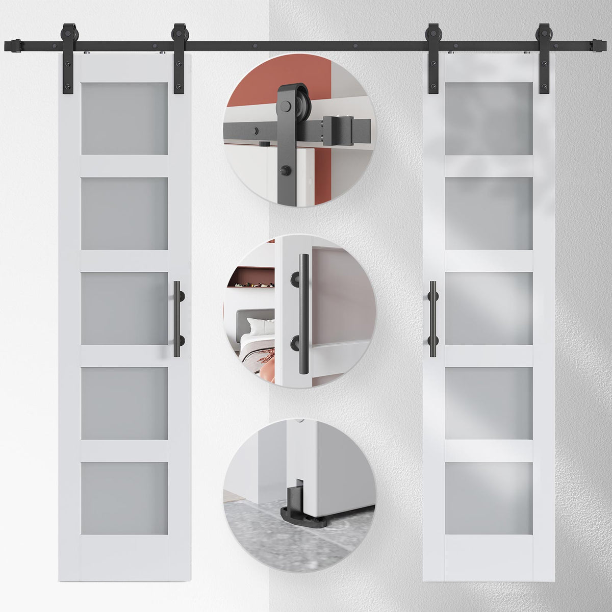 EaseLife Glass Barn Door with Sliding Door Hardware Kit Included & Handle,Solid LVL Wood Covered with Water-Proof & Scratch-Resistant PVC Surface,DIY Assembly,5-Panel Glass,White