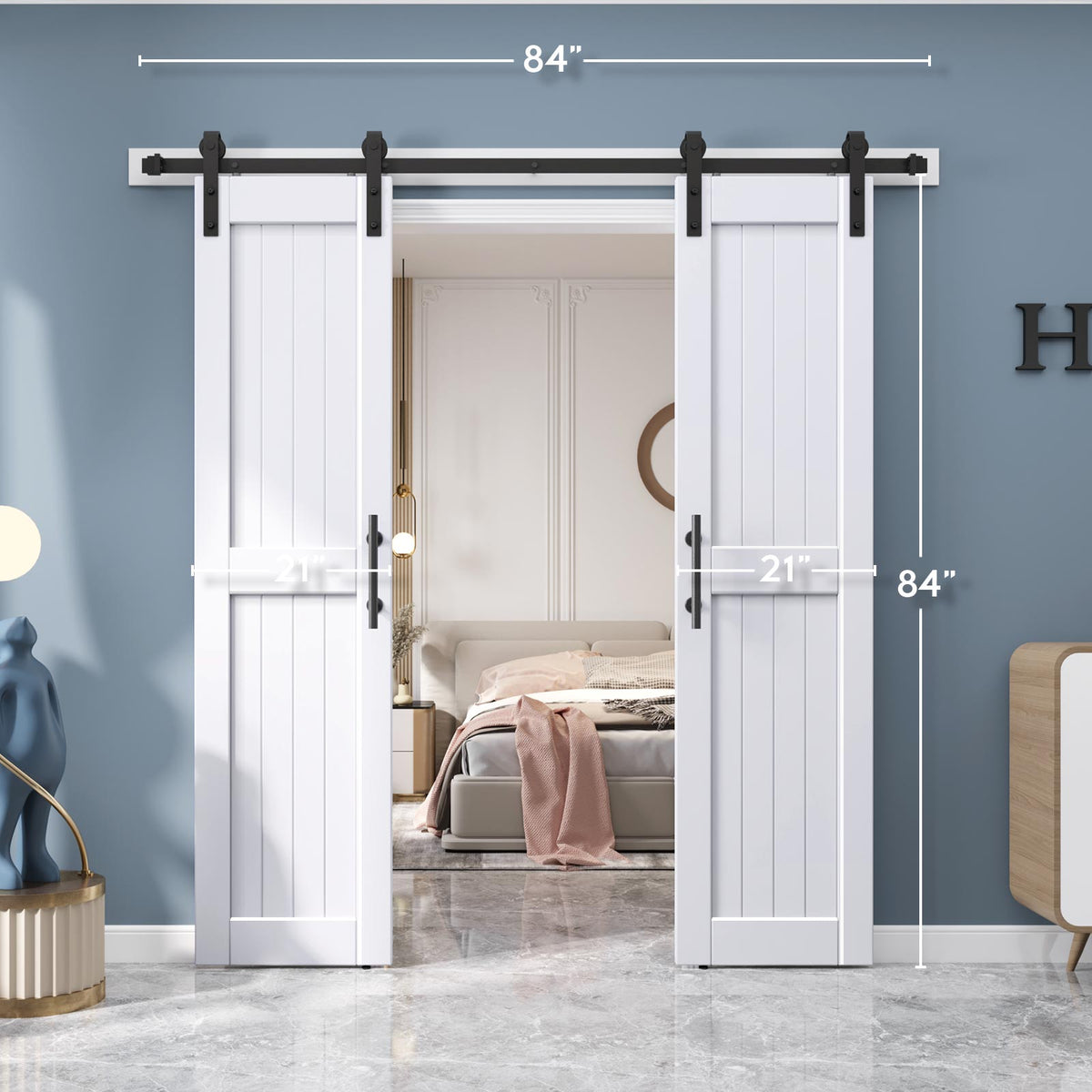 EaseLife Sliding Barn Door with Barn Door Hardware Track Kit Included,Solid LVL Wood Slab Covered with Water-Proof & Scratch-Resistant PVC Surface,DIY Assembly,Easy Install,White, H-Frame