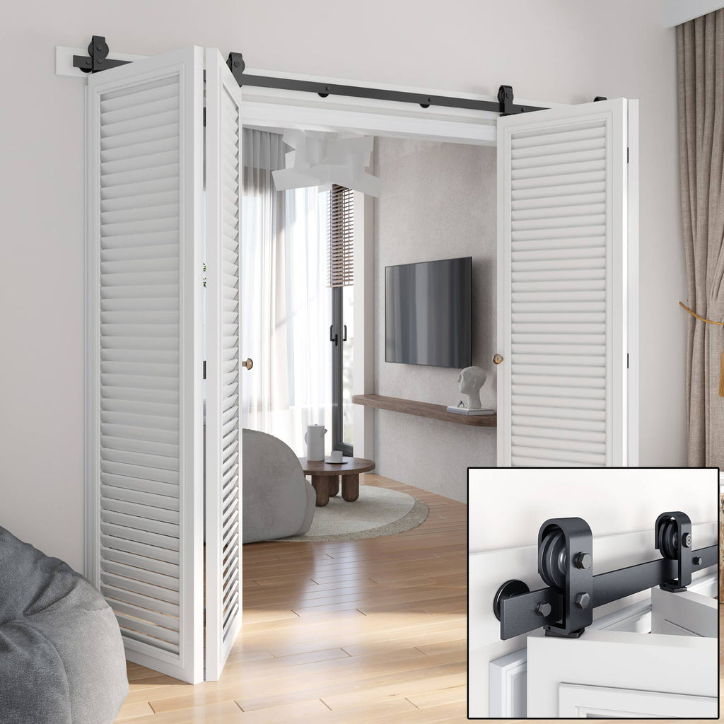 Bi-fold Sliding Barn Door Hardware,Top Mount Installation,Heavy Duty Roller,Smoothly and Quietly,Black(Door Not Included)