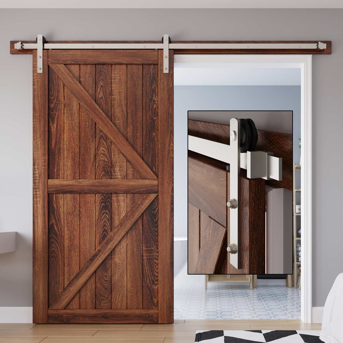 EaseLife Brushed Nickel Double Sliding Barn Door Hardware Track Kit,Straight Pulley,Heavy Duty,Slide Smoothly Quietly,Easy Install