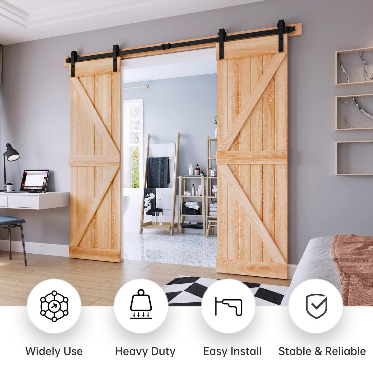 EaseLife Double Door Sliding Barn Door Hardware Track Kit,Basic J Pulley,Heavy Duty,Slide Smoothly Quietly,Easy Install