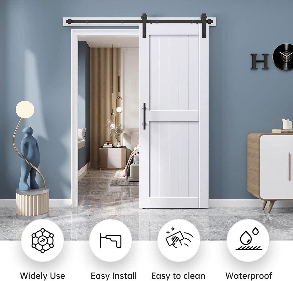 EaseLife Sliding Barn Door with Barn Door Hardware Track Kit Included,Solid LVL Wood Slab Covered with Water-Proof & Scratch-Resistant PVC Surface,DIY Assembly,Easy Install,White, H-Frame
