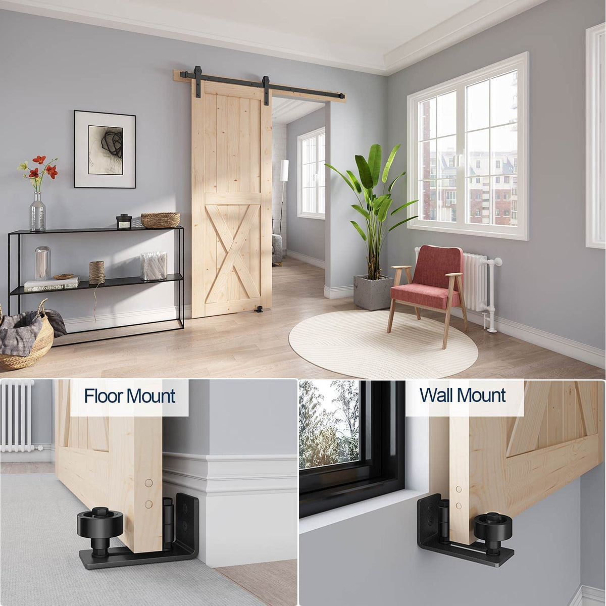 EaseLife Sliding Barn Door Bottom Floor Guide,Adjustable Roller,Wall Mount System,Flush Flat Bottom Design,2 Assemble Setup Options,Fit All Size Door