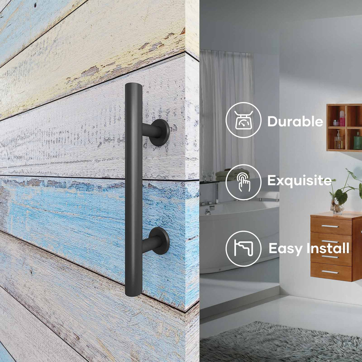 EaseLife 12" Sliding Barn Door Pull Handle with Flush Hardware Set,Heavy Duty,Solid,Rustic Style,Black Powder Coated Finish,Easy Install