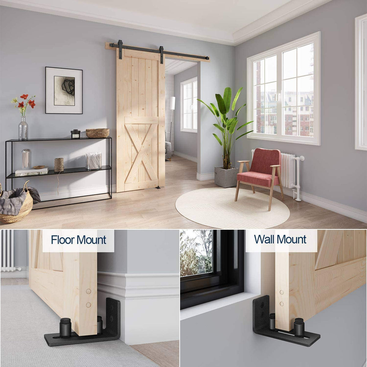 EaseLife Sliding Barn Door Bottom Floor Guide,Adjustable Roller,Wall Mount System,Flush Flat Bottom Design,2 Assemble Setup Options,Fit All Size Door